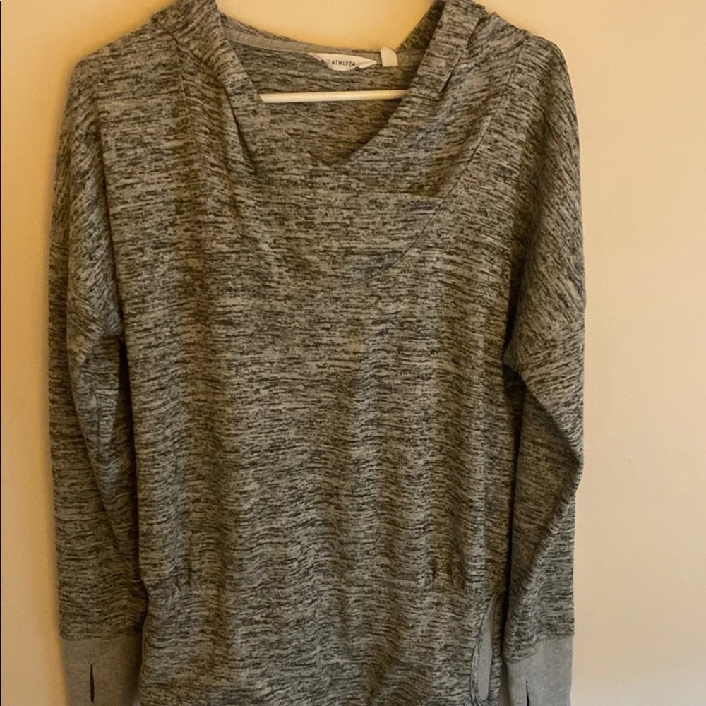 Athleta Heathered Gray Pullover Hoodie w/Twist Neck, Front Pocket & Thumb Holes - Picture 1 of 9